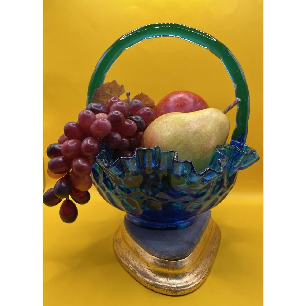 1950s Vintage Fenton Thumbprint Colonial Cobalt Blue Ruffled 8” Glass Basket